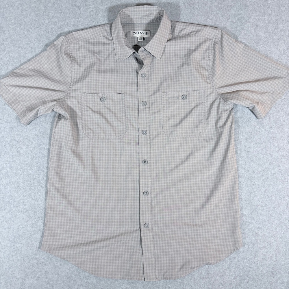 Orvis Mens Small Short Sleeve Plaid Button Up Shirt Grey Tan 1875212